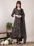 Floral Printed Flared Kurta With Pant & Dupatta, Black - Hiral Fashion - Distacart