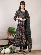 Floral Printed Flared Kurta With Pant & Dupatta, Black - Hiral Fashion - Distacart
