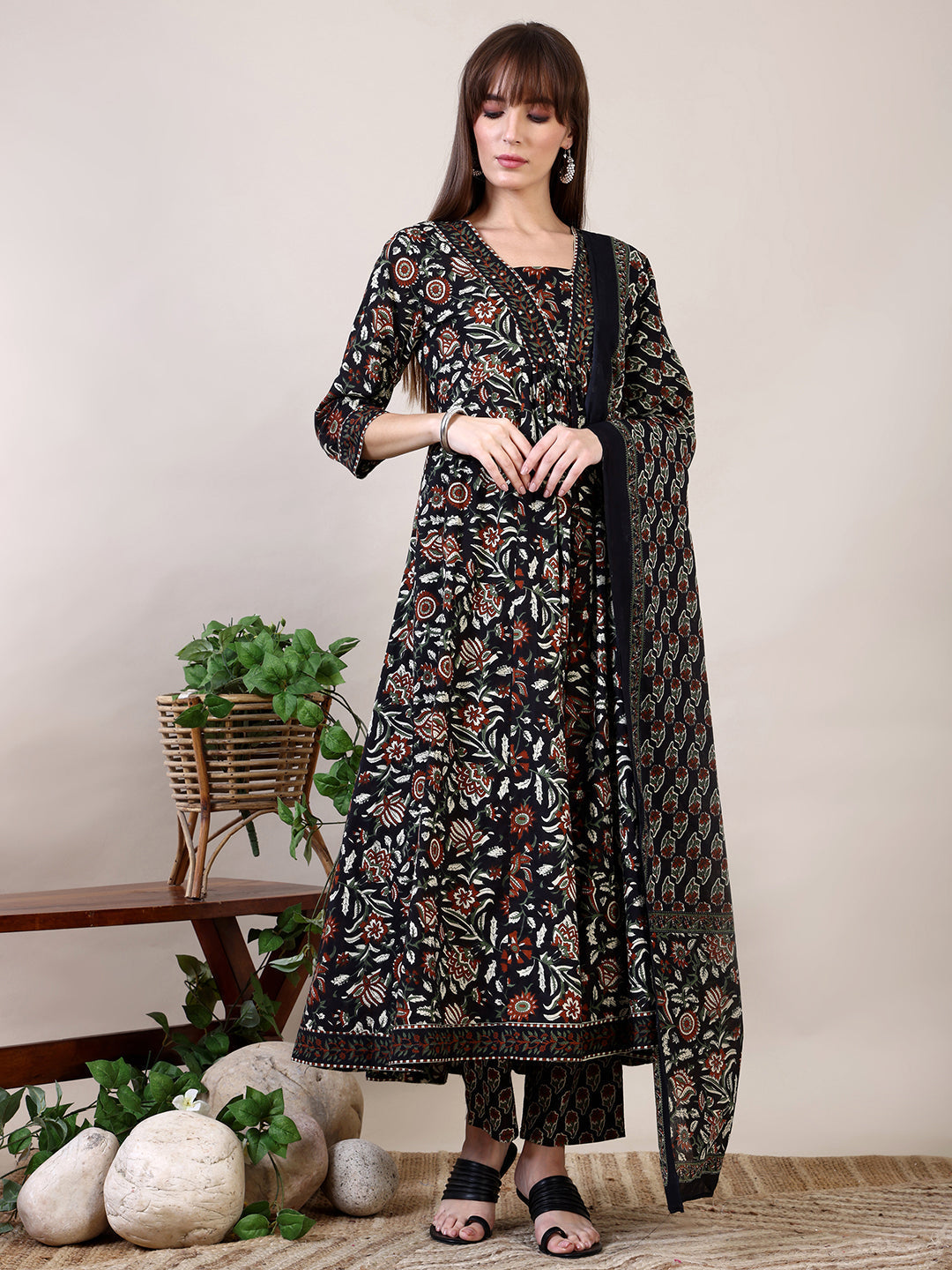 Floral Printed Flared Kurta With Pant & Dupatta, Black - Hiral Fashion - Distacart