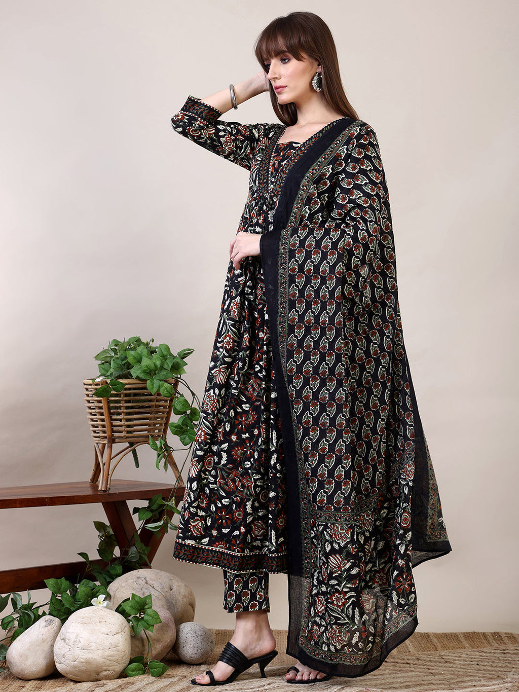 Floral Printed Flared Kurta With Pant & Dupatta, Black - Hiral Fashion - Distacart