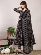 Floral Printed Flared Kurta With Pant & Dupatta, Black - Hiral Fashion - Distacart