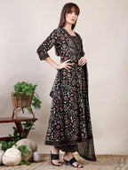Floral Printed Flared Kurta With Pant & Dupatta, Black - Hiral Fashion - Distacart