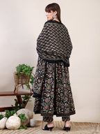 Floral Printed Flared Kurta With Pant & Dupatta, Black - Hiral Fashion - Distacart