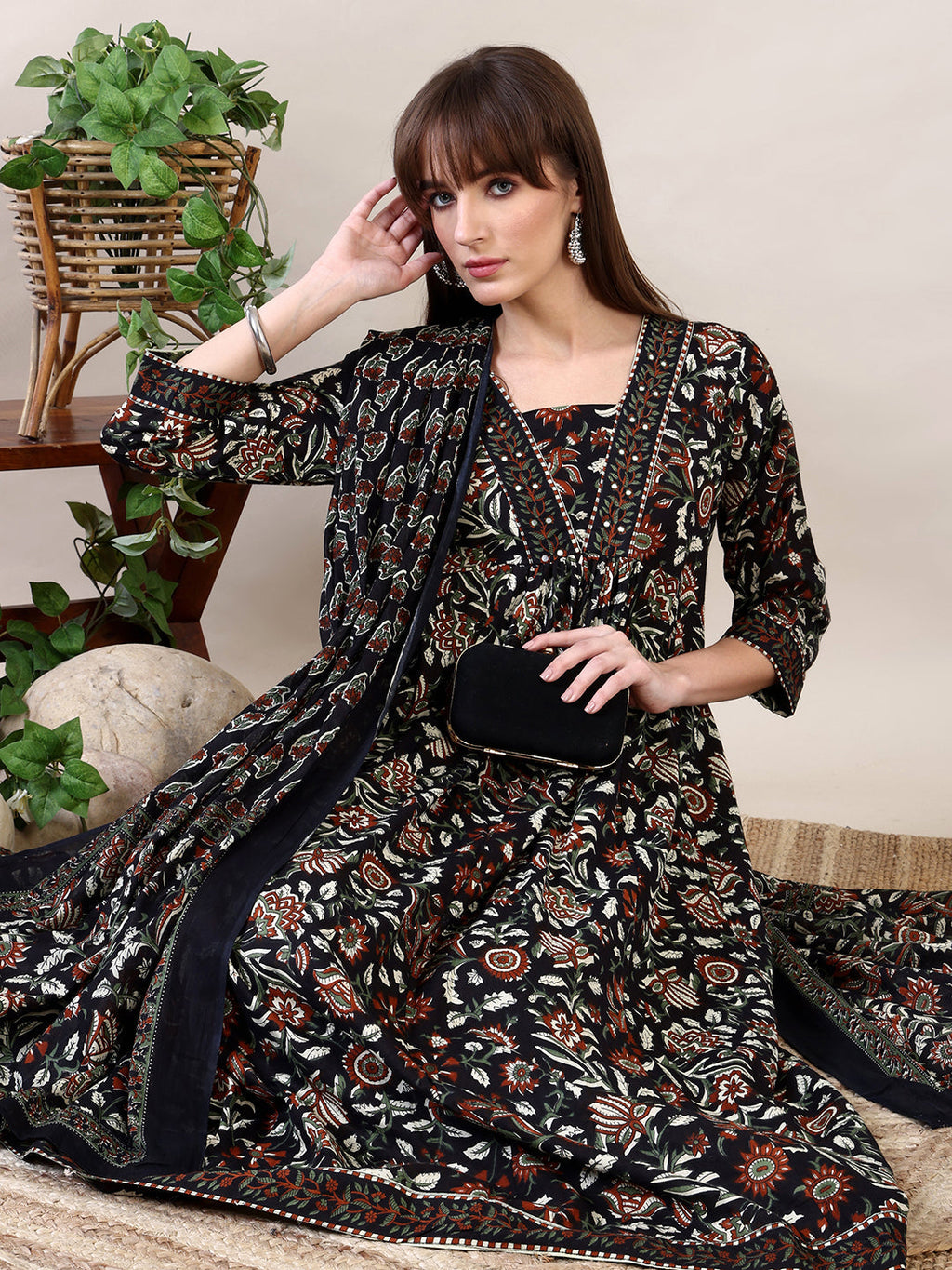 Floral Printed Flared Kurta With Pant & Dupatta, Black - Hiral Fashion - Distacart