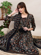 Floral Printed Flared Kurta With Pant & Dupatta, Black - Hiral Fashion - Distacart