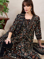 Floral Printed Flared Kurta With Pant & Dupatta, Black - Hiral Fashion - Distacart