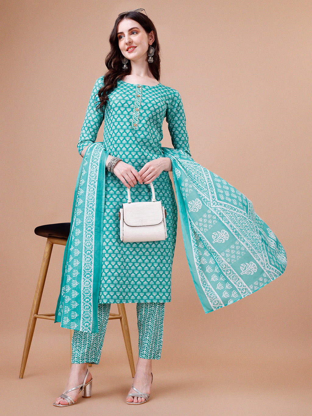 Ethnic Motifs Printed Casual Wear Cotton Kurta With Pant & Dupatta, Multicolor - Hiral Fashion - Distacart