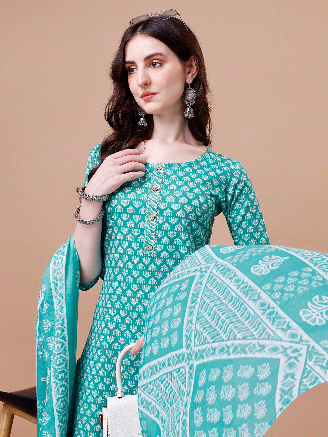 Ethnic Motifs Printed Casual Wear Cotton Kurta With Pant & Dupatta, Multicolor - Hiral Fashion - Distacart