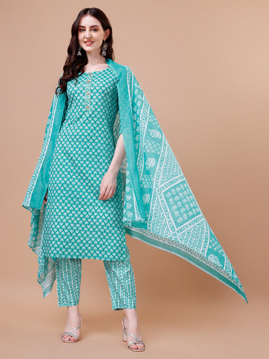 Ethnic Motifs Printed Casual Wear Cotton Kurta With Pant & Dupatta, Multicolor - Hiral Fashion - Distacart
