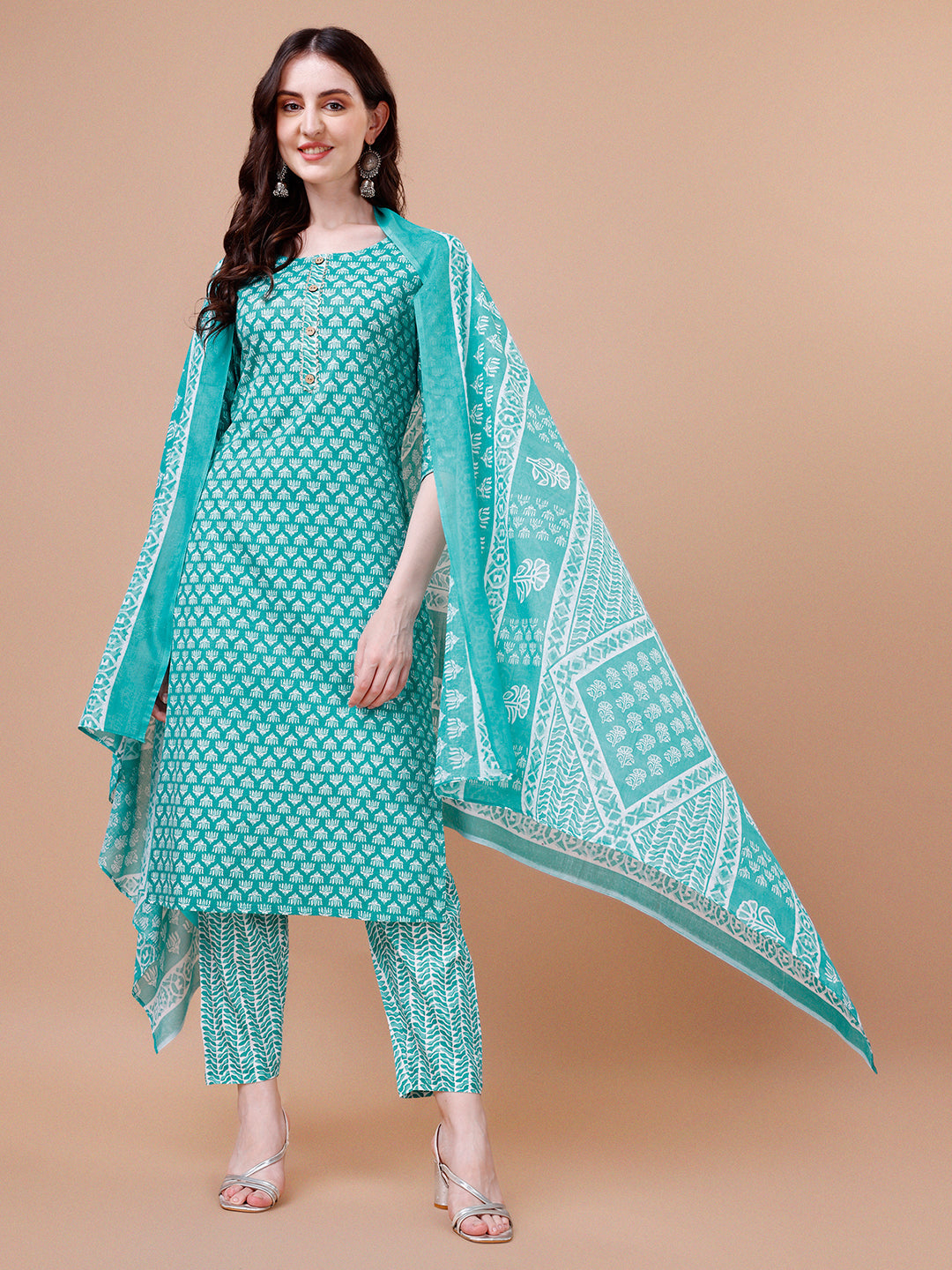 Ethnic Motifs Printed Casual Wear Cotton Kurta With Pant & Dupatta, Multicolor - Hiral Fashion - Distacart