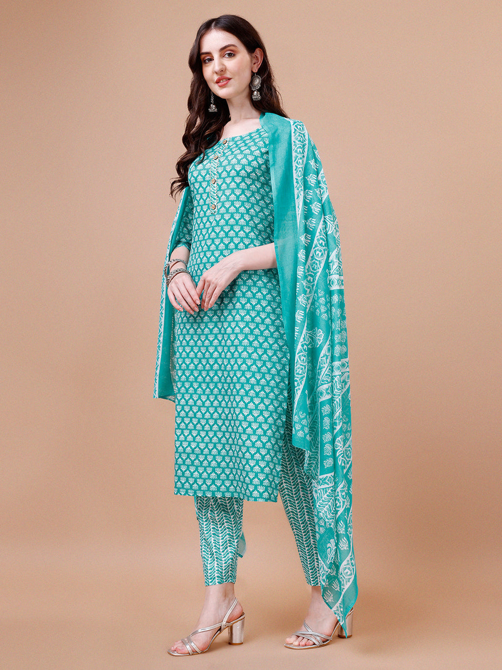 Ethnic Motifs Printed Casual Wear Cotton Kurta With Pant & Dupatta, Multicolor - Hiral Fashion - Distacart