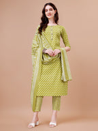 Ethnic Motifs Printed Casual Wear Cotton Kurta With Pant & Dupatta, Multicolor - Hiral Fashion - Distacart