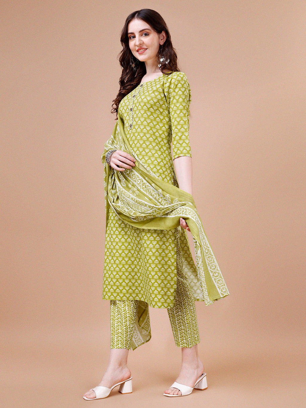 Ethnic Motifs Printed Casual Wear Cotton Kurta With Pant & Dupatta, Multicolor - Hiral Fashion - Distacart