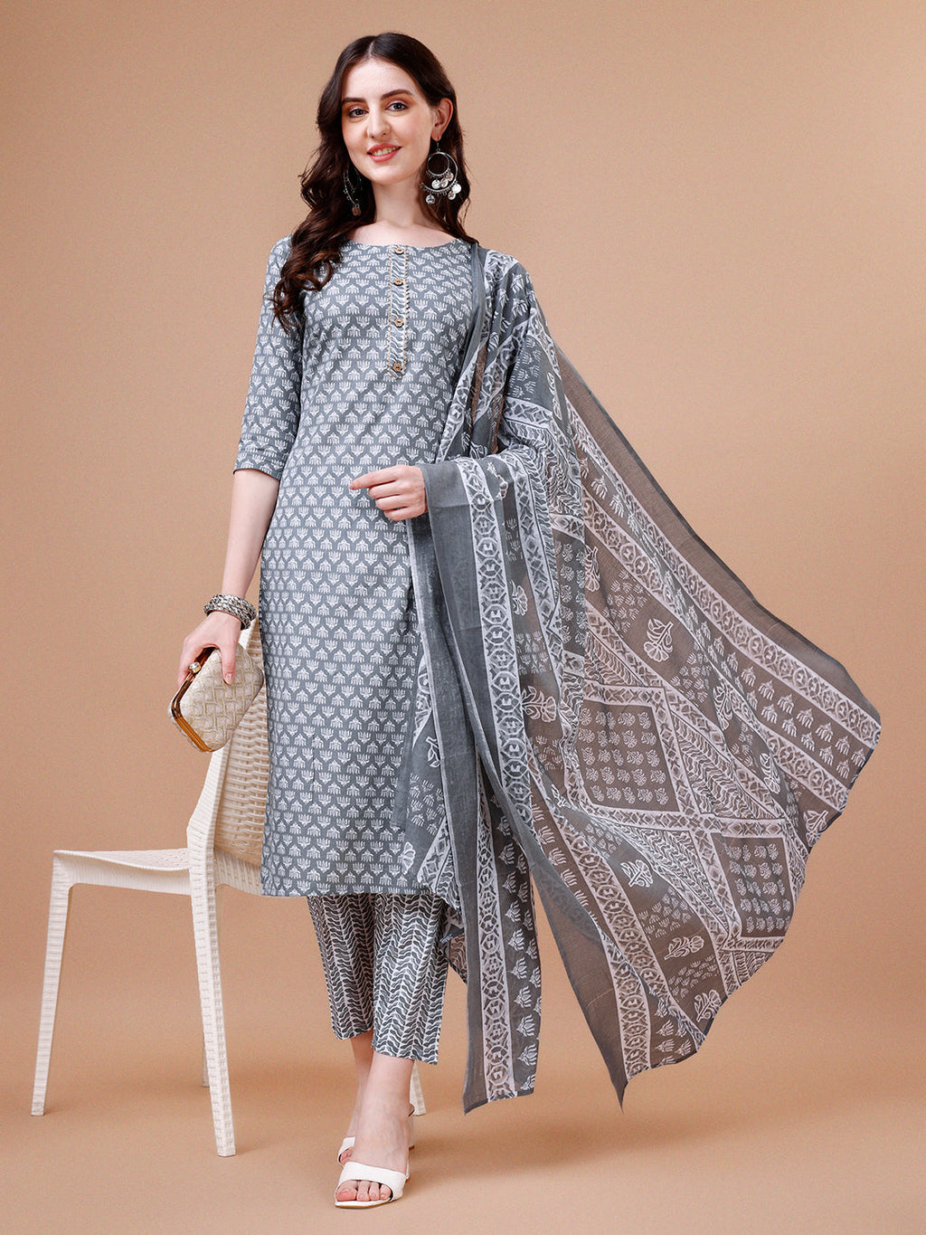 Ethnic Motifs Printed Casual Wear Cotton Kurta With Pant & Dupatta, Multicolor - Hiral Fashion - Distacart