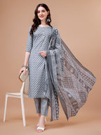 Ethnic Motifs Printed Casual Wear Cotton Kurta With Pant & Dupatta, Multicolor - Hiral Fashion - Distacart