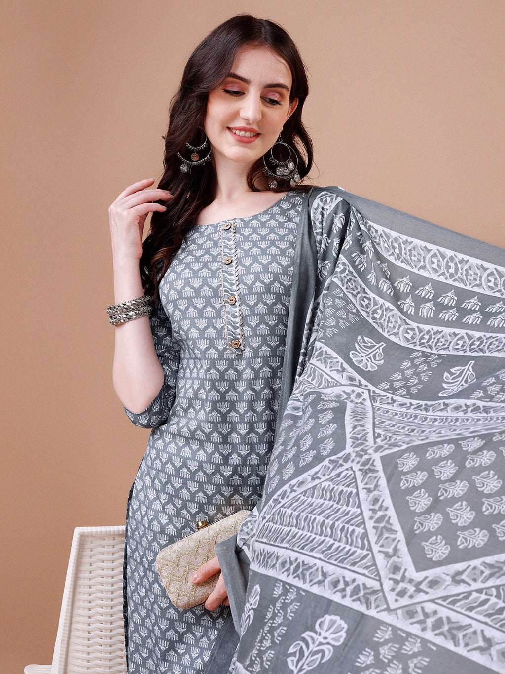 Ethnic Motifs Printed Casual Wear Cotton Kurta With Pant & Dupatta, Multicolor - Hiral Fashion - Distacart