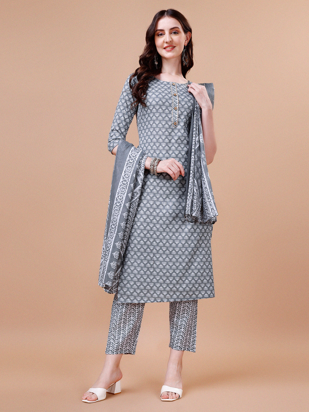 Ethnic Motifs Printed Casual Wear Cotton Kurta With Pant & Dupatta, Multicolor - Hiral Fashion - Distacart