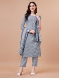 Ethnic Motifs Printed Casual Wear Cotton Kurta With Pant & Dupatta, Multicolor - Hiral Fashion - Distacart