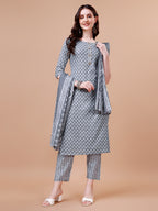 Ethnic Motifs Printed Casual Wear Cotton Kurta With Pant & Dupatta, Multicolor - Hiral Fashion - Distacart