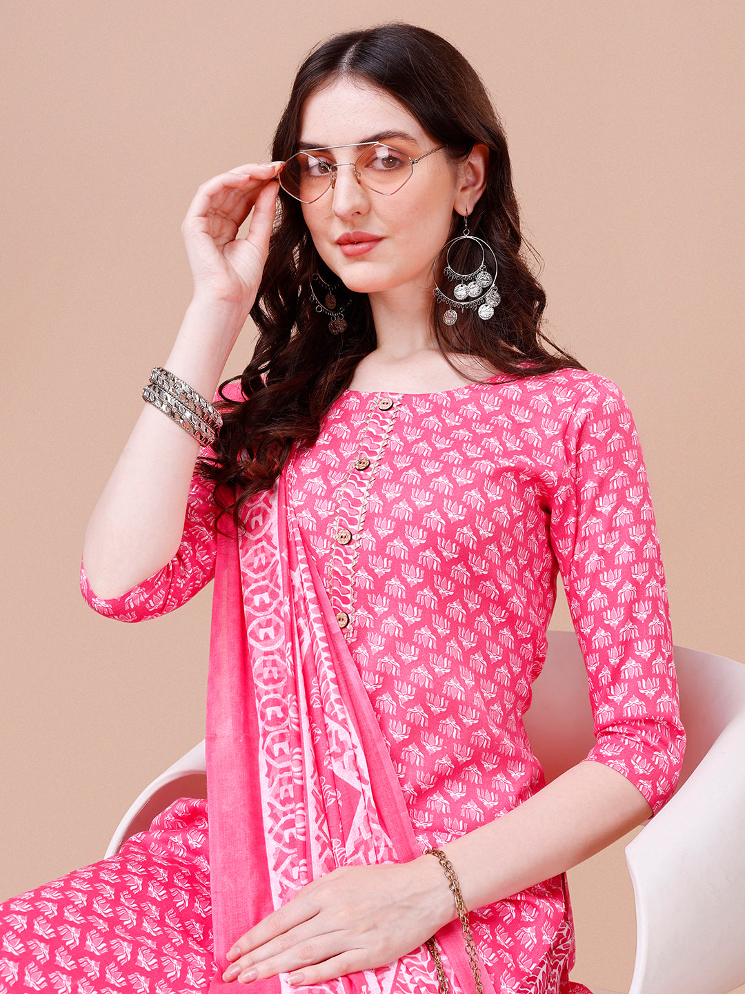Ethnic Motifs Printed Casual Wear Cotton Kurta With Pant & Dupatta, Multicolor - Hiral Fashion - Distacart