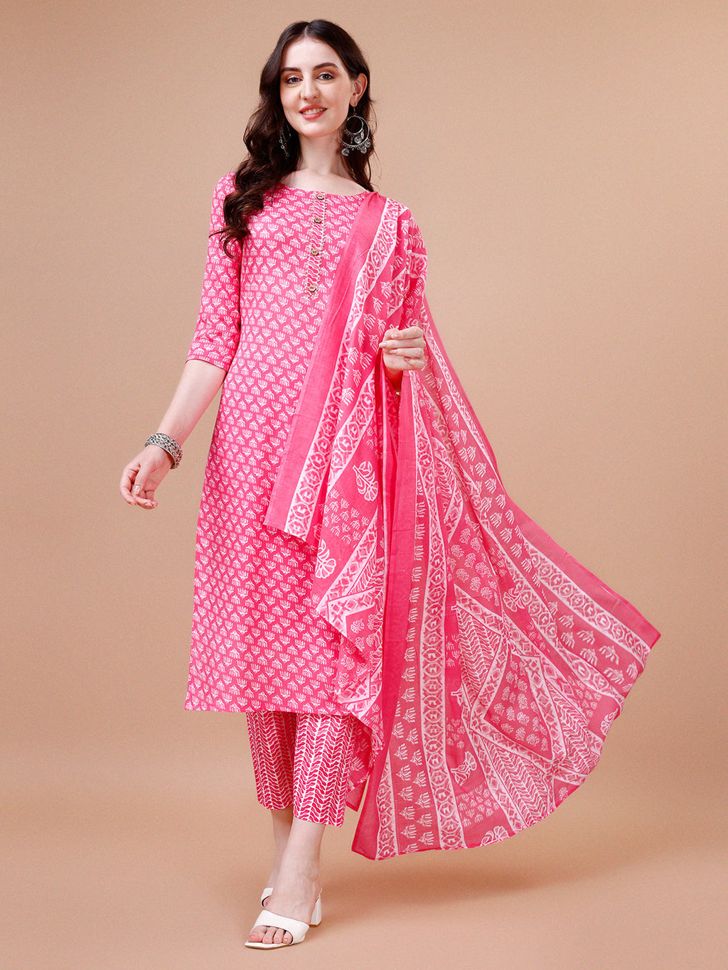Ethnic Motifs Printed Casual Wear Cotton Kurta With Pant & Dupatta, Multicolor - Hiral Fashion - Distacart