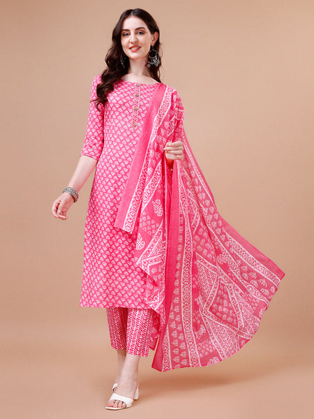 Ethnic Motifs Printed Casual Wear Cotton Kurta With Pant & Dupatta, Multicolor - Hiral Fashion