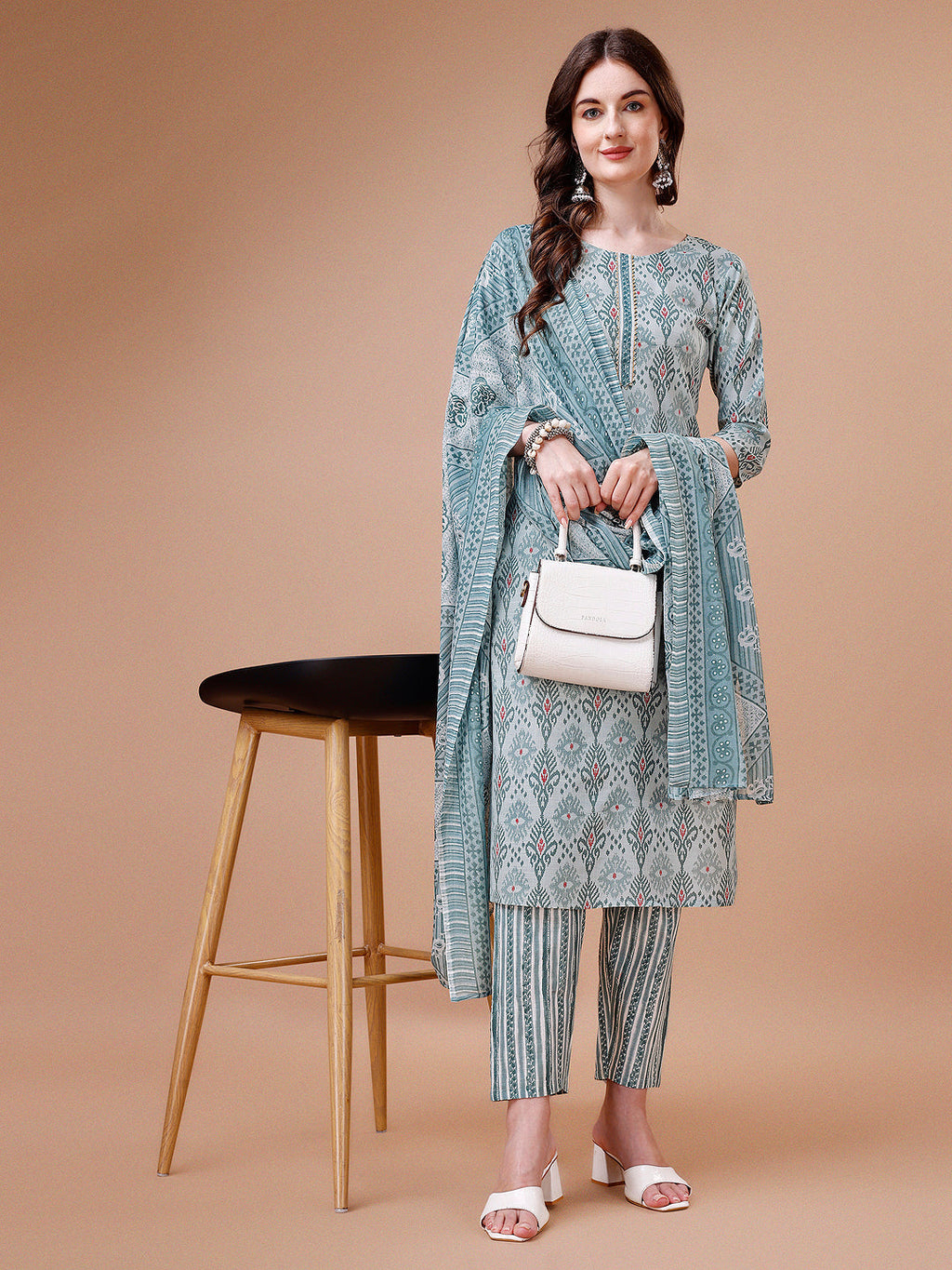Printed Cotton Kurta With Pant & Dupatta, Multicolor - Hiral Fashion - Distacart
