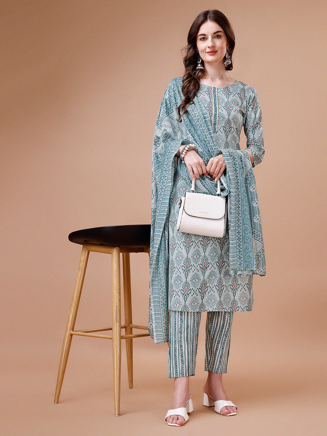 Printed Cotton Kurta With Pant & Dupatta, Multicolor - Hiral Fashion - Distacart