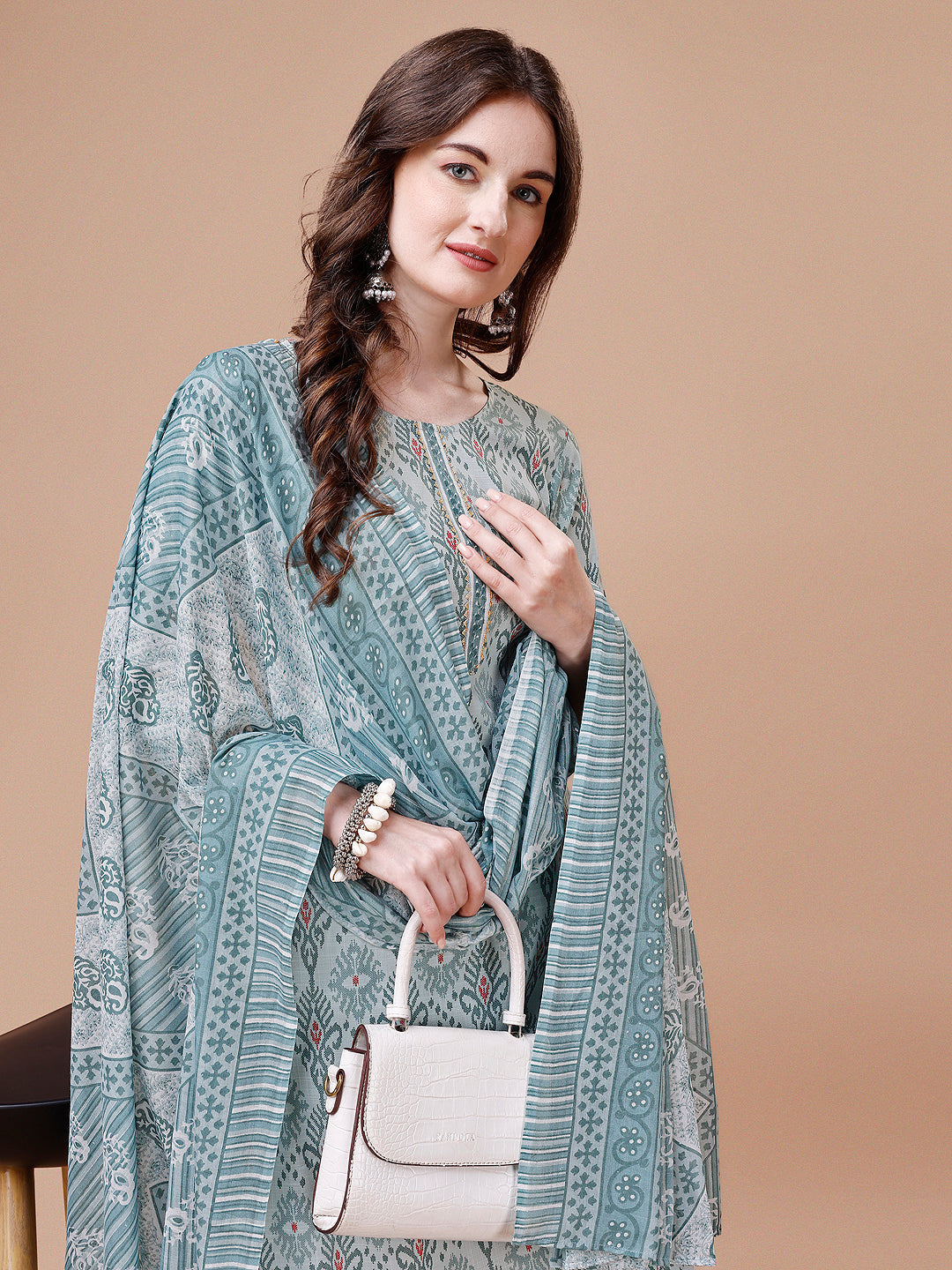 Printed Cotton Kurta With Pant & Dupatta, Multicolor - Hiral Fashion - Distacart