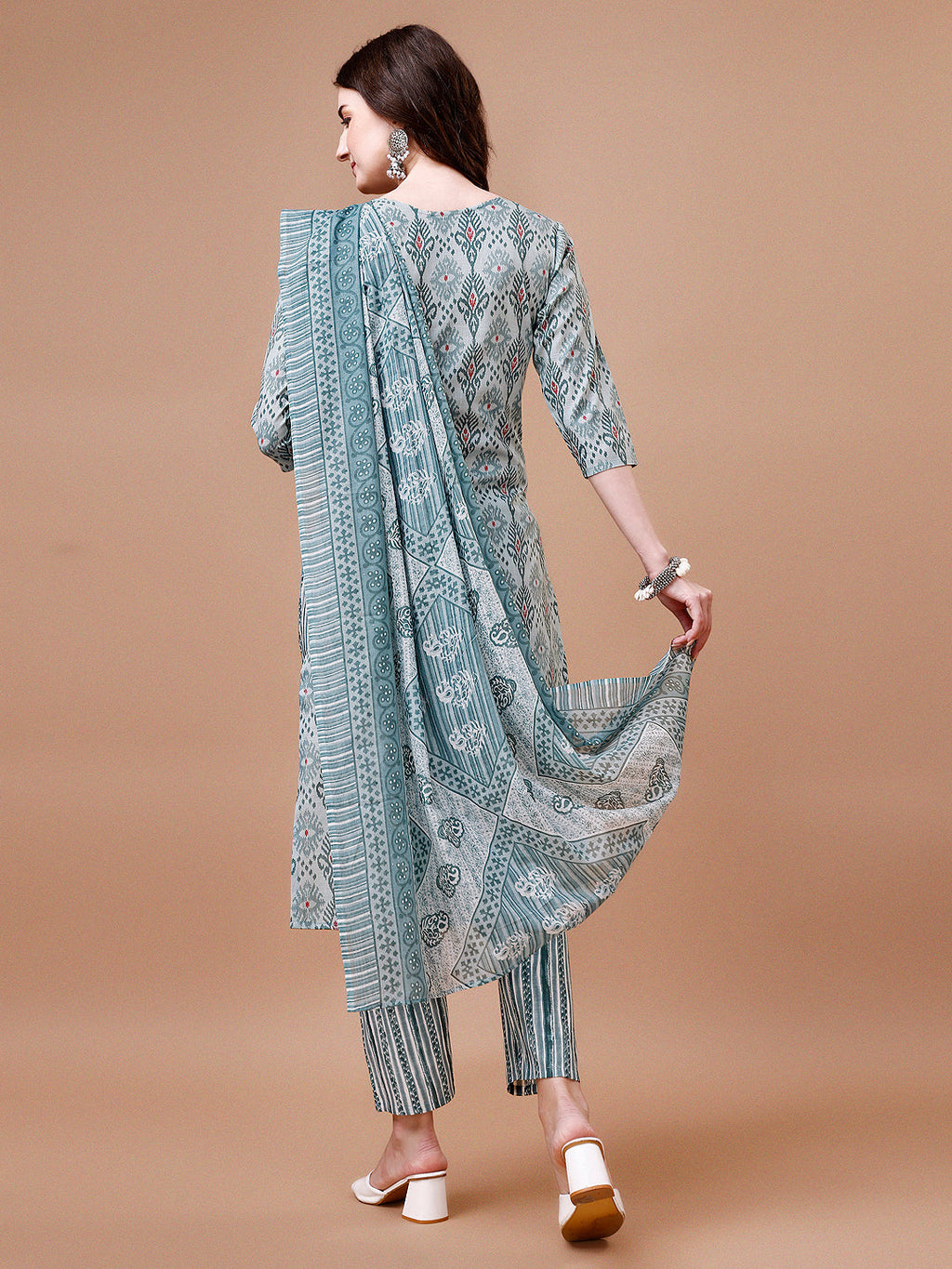 Printed Cotton Kurta With Pant & Dupatta, Multicolor - Hiral Fashion - Distacart