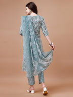 Printed Cotton Kurta With Pant & Dupatta, Multicolor - Hiral Fashion - Distacart