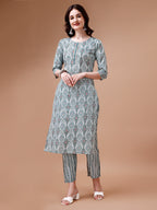 Printed Cotton Kurta With Pant & Dupatta, Multicolor - Hiral Fashion - Distacart