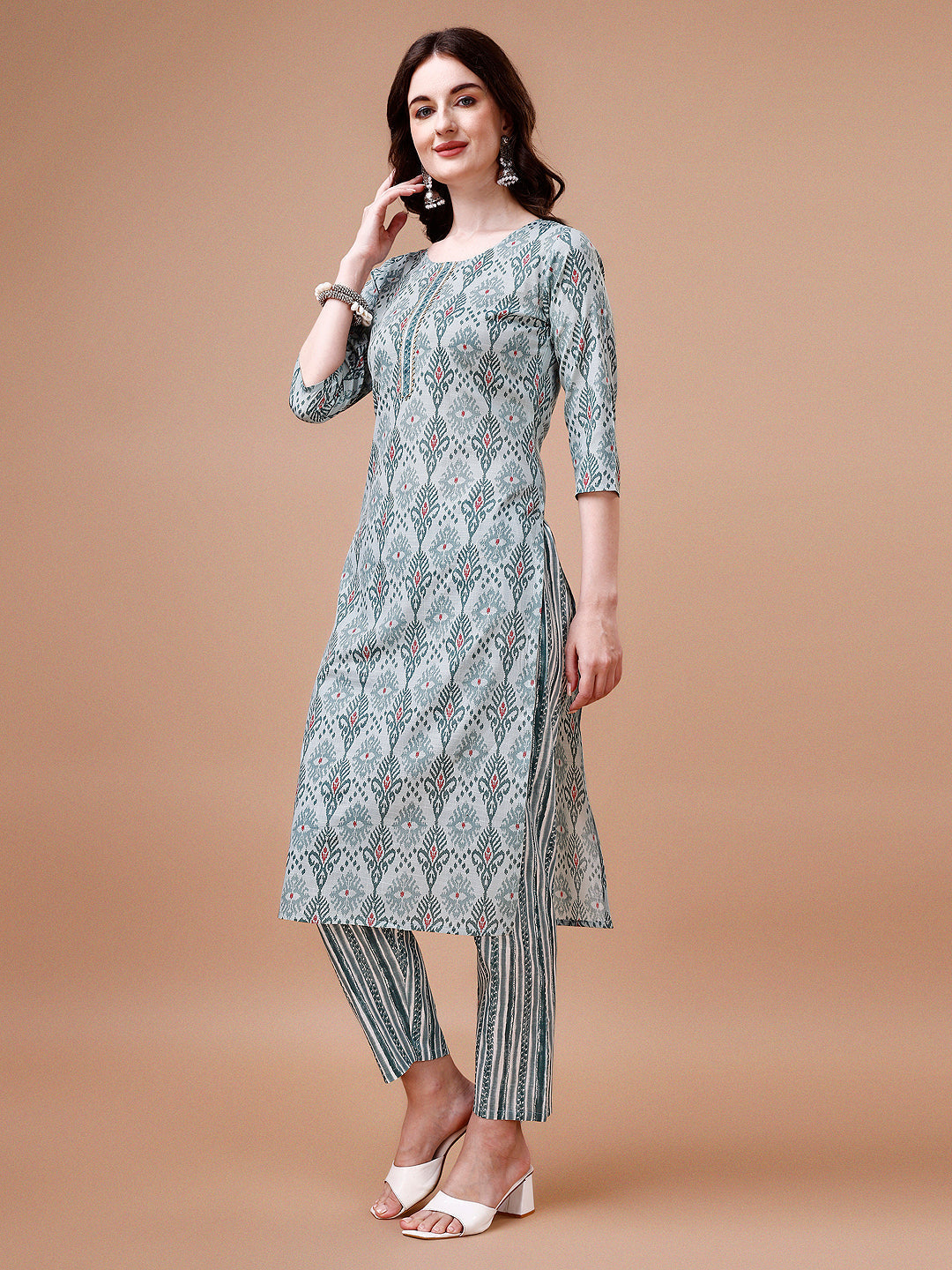 Printed Cotton Kurta With Pant & Dupatta, Multicolor - Hiral Fashion - Distacart