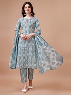 Printed Cotton Kurta With Pant & Dupatta, Multicolor - Hiral Fashion - Distacart
