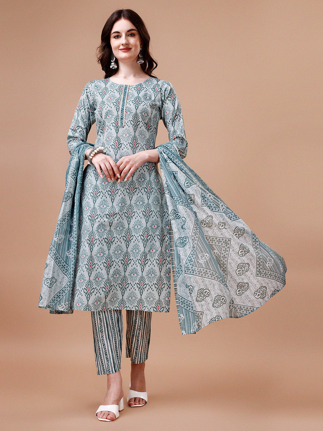 Printed Cotton Kurta With Pant & Dupatta, Multicolor - Hiral Fashion - Distacart