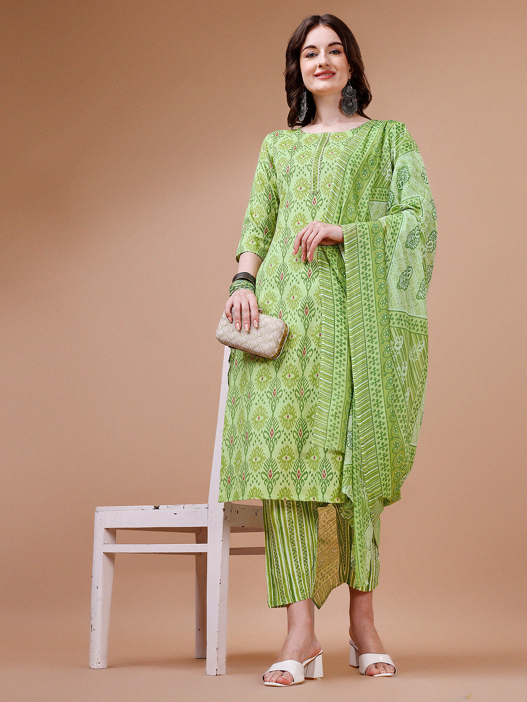 Printed Cotton Kurta With Pant & Dupatta, Multicolor - Hiral Fashion - Distacart