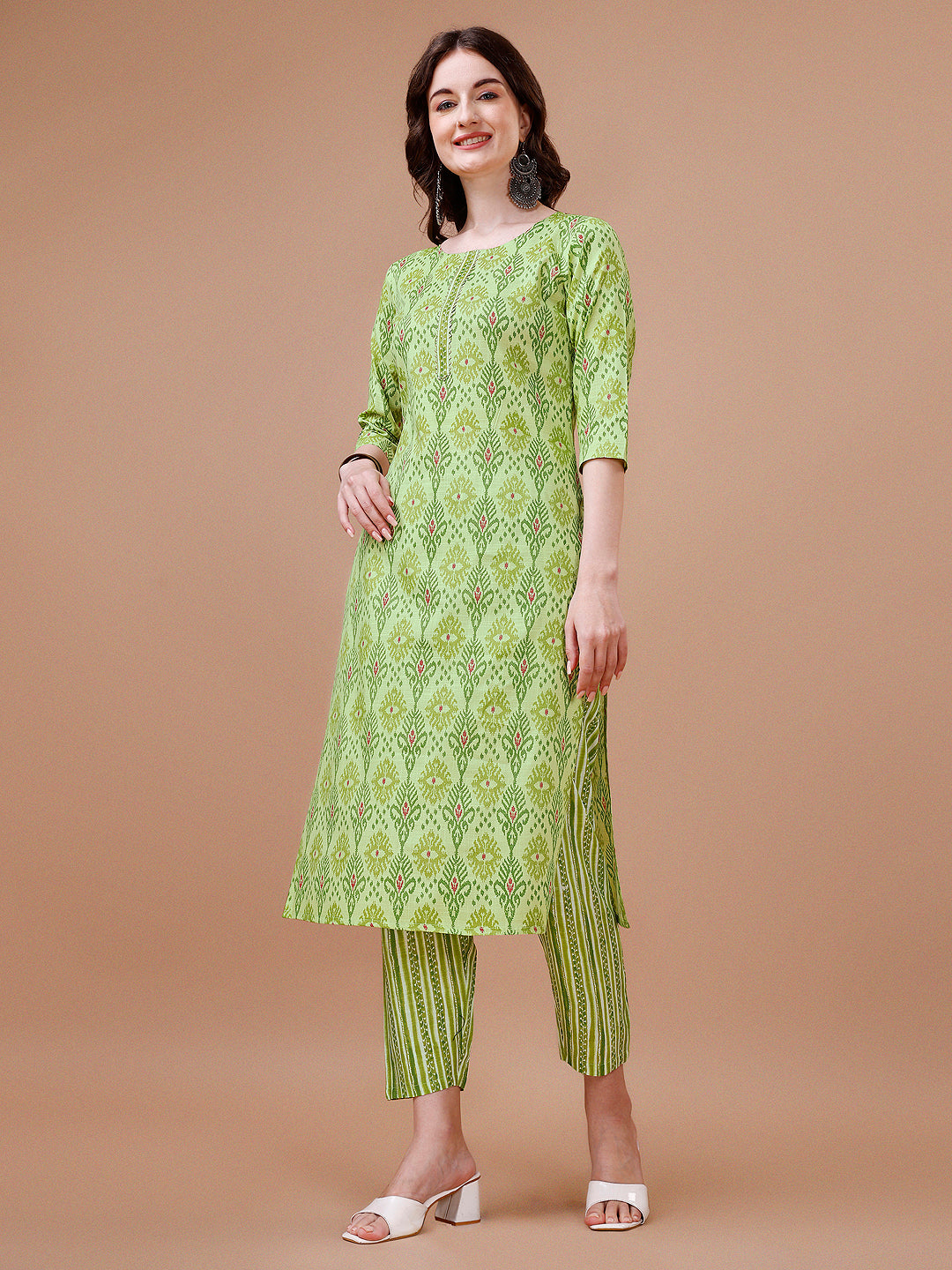 Printed Cotton Kurta With Pant & Dupatta, Multicolor - Hiral Fashion - Distacart