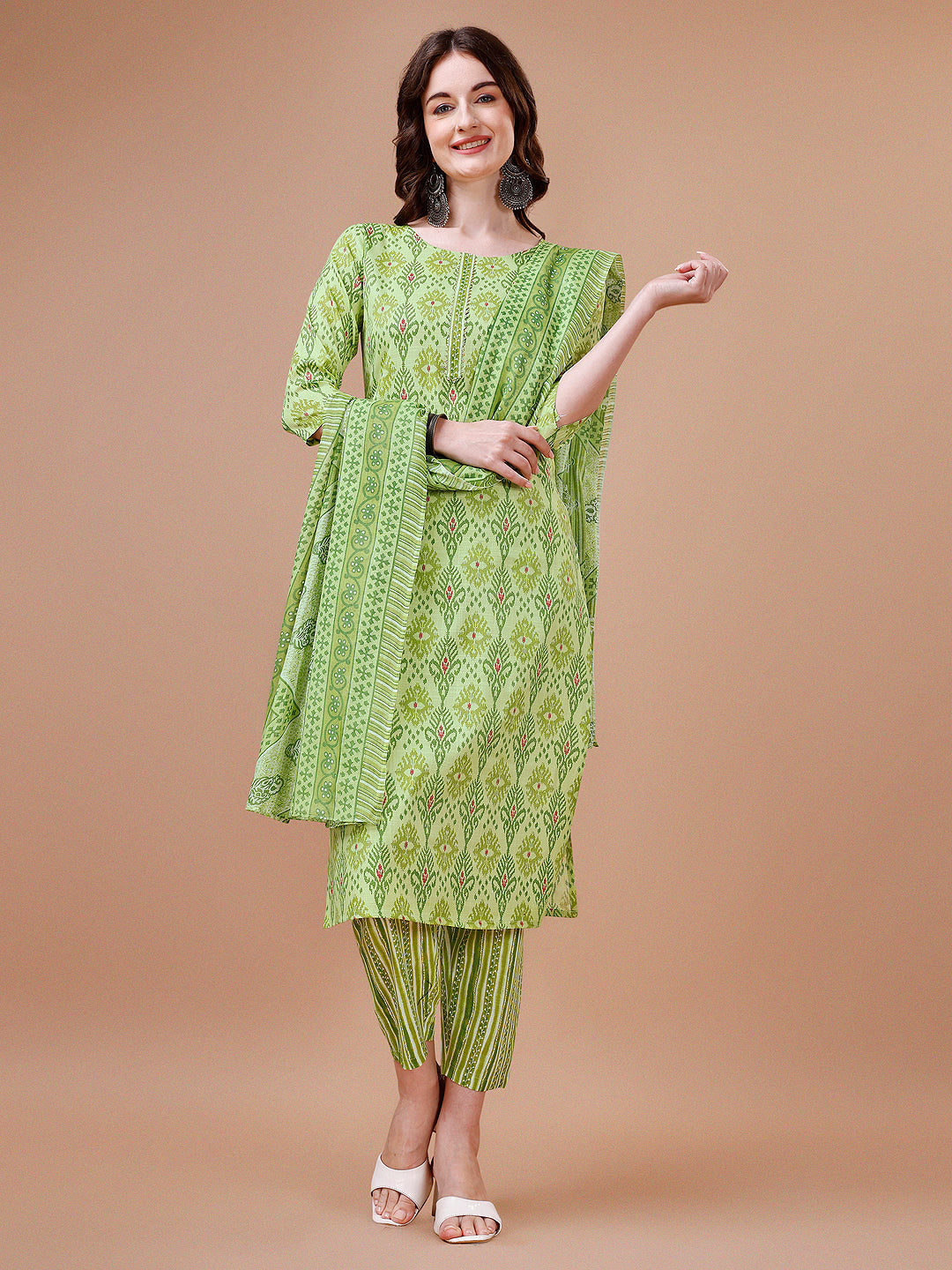 Printed Cotton Kurta With Pant & Dupatta, Multicolor - Hiral Fashion - Distacart