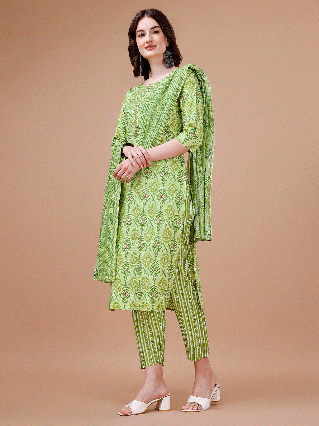 Printed Cotton Kurta With Pant & Dupatta, Multicolor - Hiral Fashion - Distacart