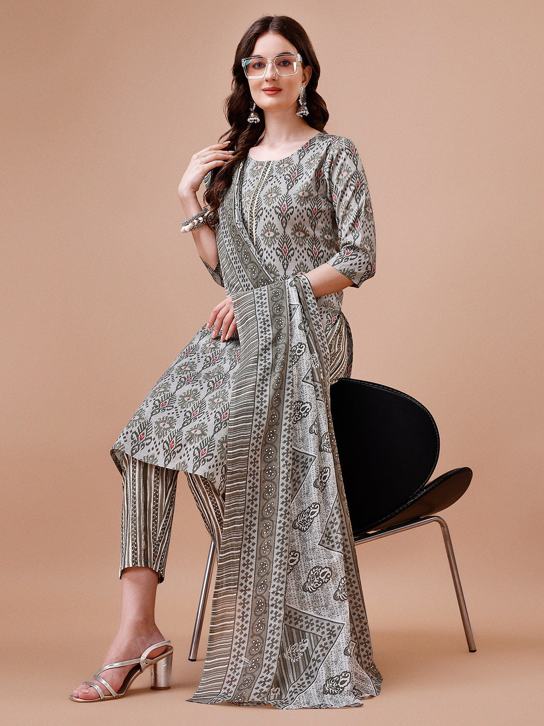 Printed Cotton Kurta With Pant & Dupatta, Multicolor - Hiral Fashion - Distacart