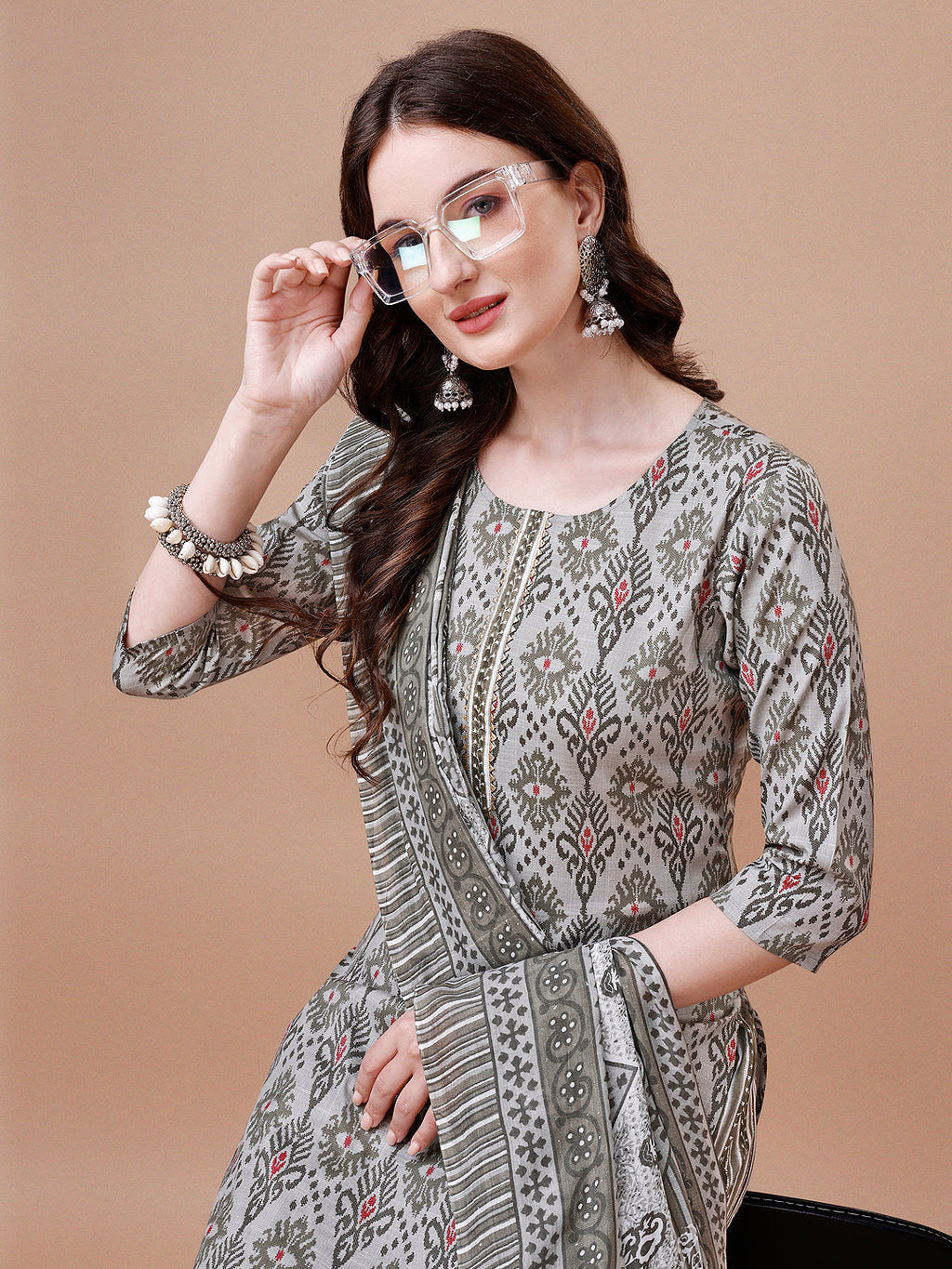 Printed Cotton Kurta With Pant & Dupatta, Multicolor - Hiral Fashion - Distacart