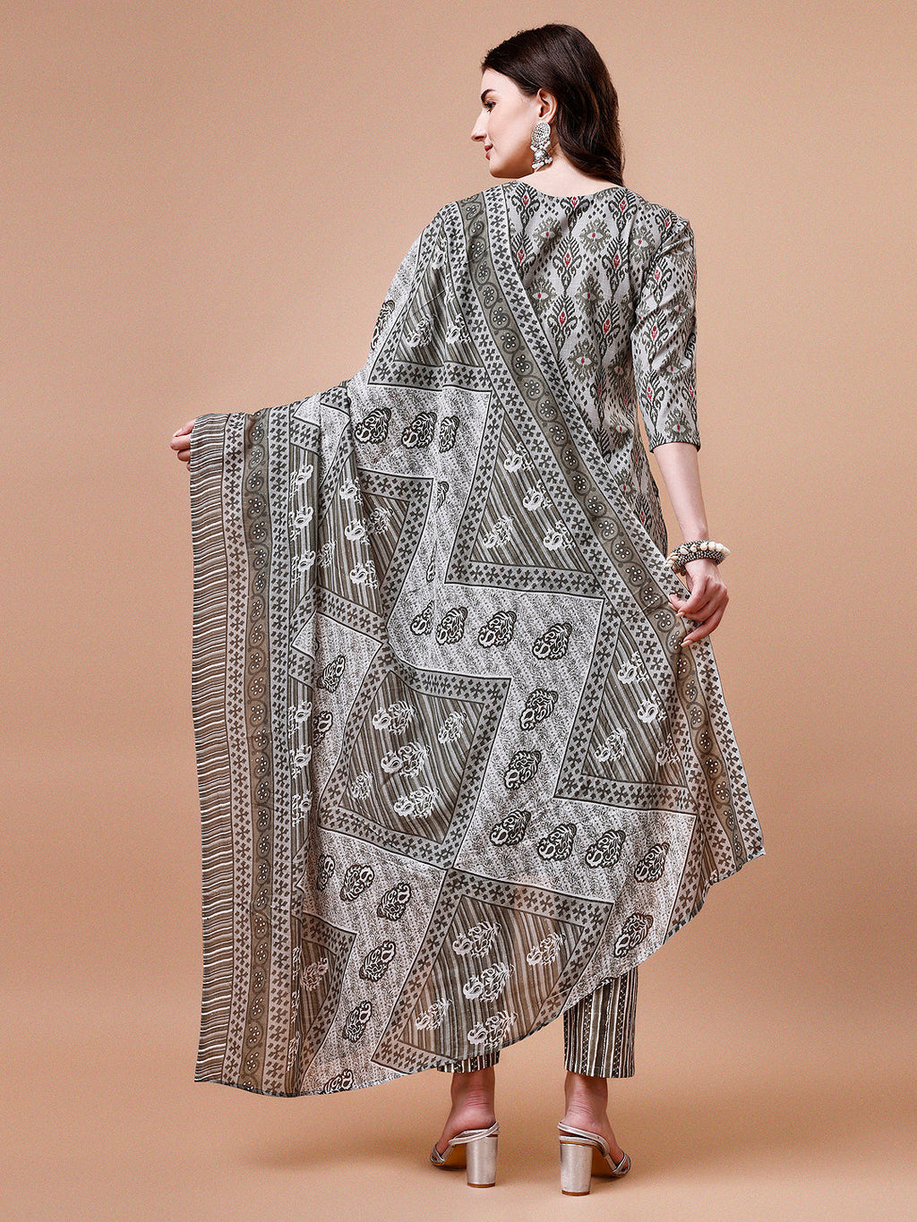 Printed Cotton Kurta With Pant & Dupatta, Multicolor - Hiral Fashion - Distacart