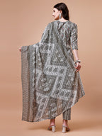 Printed Cotton Kurta With Pant & Dupatta, Multicolor - Hiral Fashion - Distacart