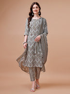 Printed Cotton Kurta With Pant & Dupatta, Multicolor - Hiral Fashion - Distacart