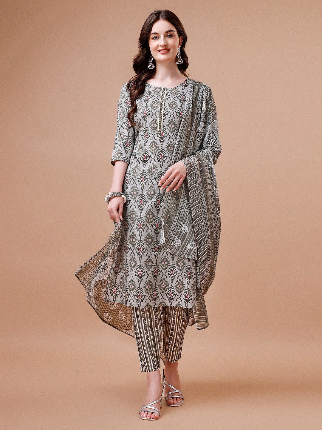 Printed Cotton Kurta With Pant & Dupatta, Multicolor - Hiral Fashion - Distacart