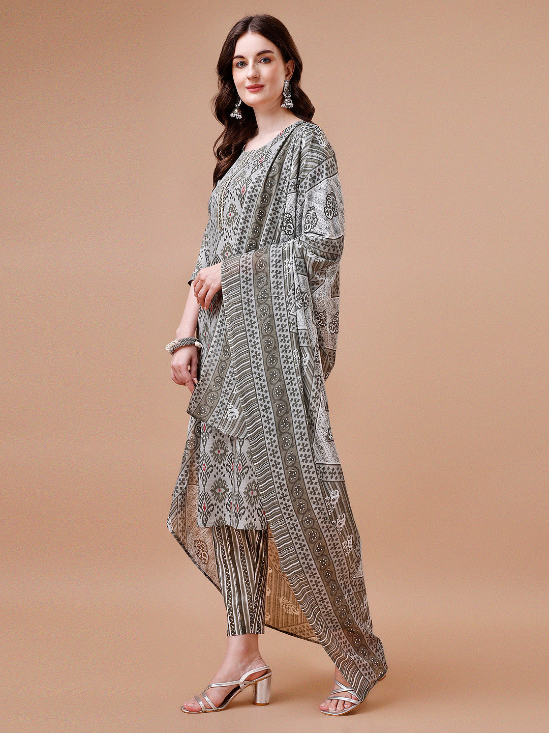 Printed Cotton Kurta With Pant & Dupatta, Multicolor - Hiral Fashion - Distacart