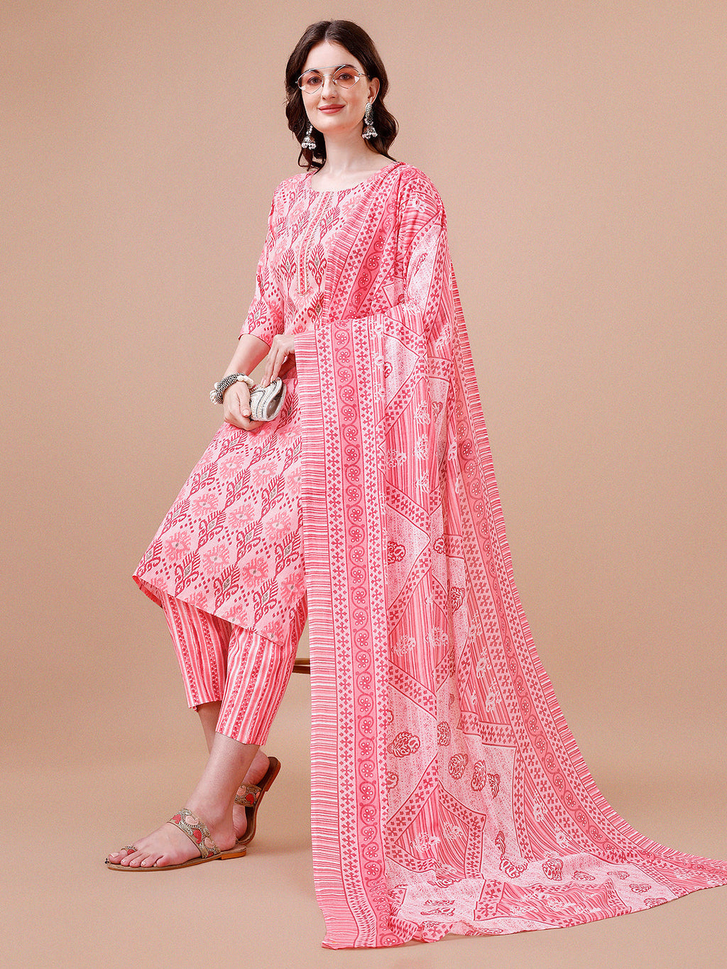 Printed Cotton Kurta With Pant & Dupatta, Multicolor - Hiral Fashion - Distacart