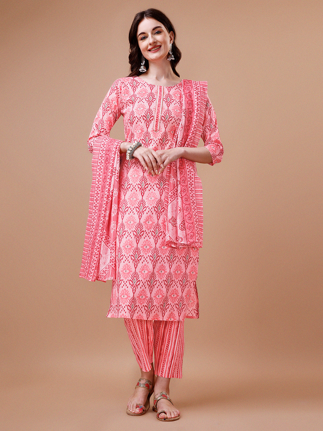 Printed Cotton Kurta With Pant & Dupatta, Multicolor - Hiral Fashion - Distacart