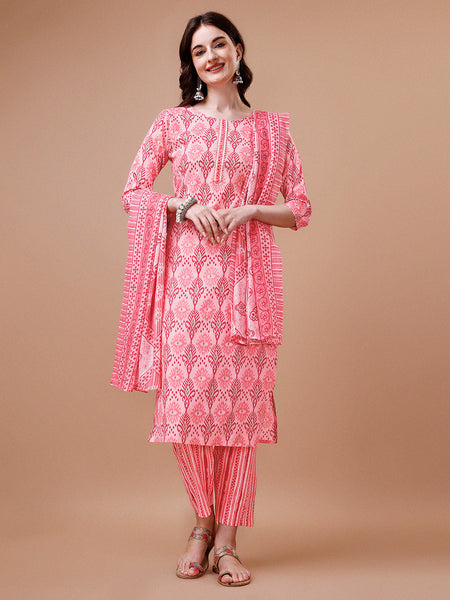 Printed Cotton Kurta With Pant & Dupatta, Multicolor - Hiral Fashion
