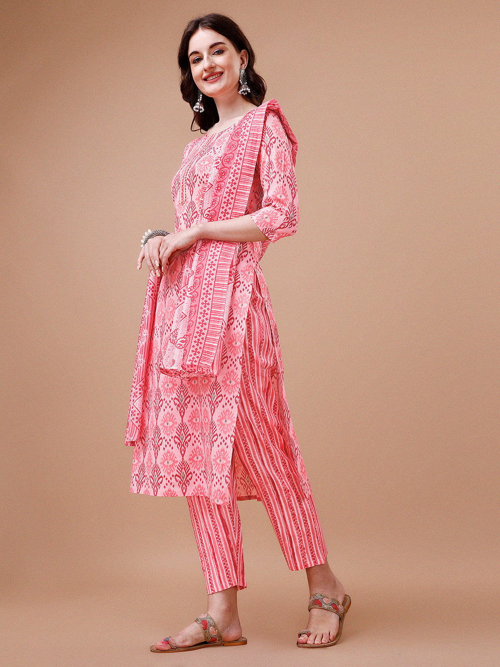Printed Cotton Kurta With Pant & Dupatta, Multicolor - Hiral Fashion - Distacart